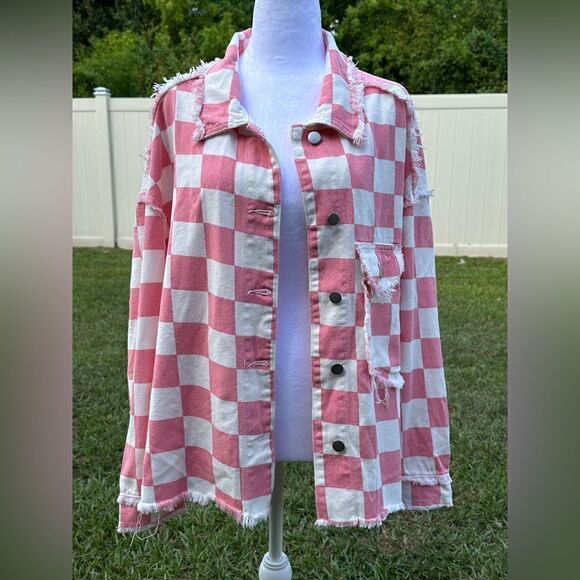 NWOT Pol barbie pink & white checkered boho y2k Shacket Sz S - Picture 3 of 8